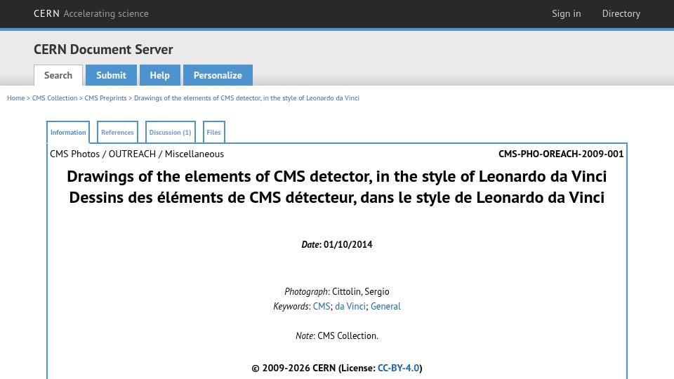 Screenshot of cds.cern.ch: Drawings of the elements of CMS detector, in the style of Leonardo da Vinci