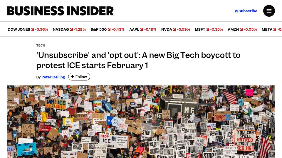 Screenshot of businessinsider.com: 'Unsubscribe' and 'opt out': A new Big Tech boycott to protest ICE