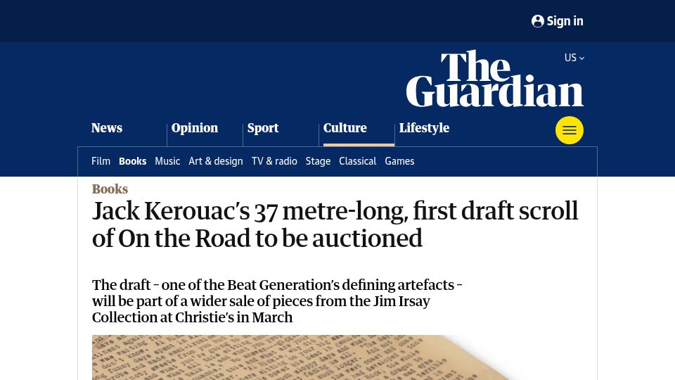 Screenshot of theguardian.com: Jack Kerouac's 37 metre-long, first draft scroll of On the Road to be auctioned