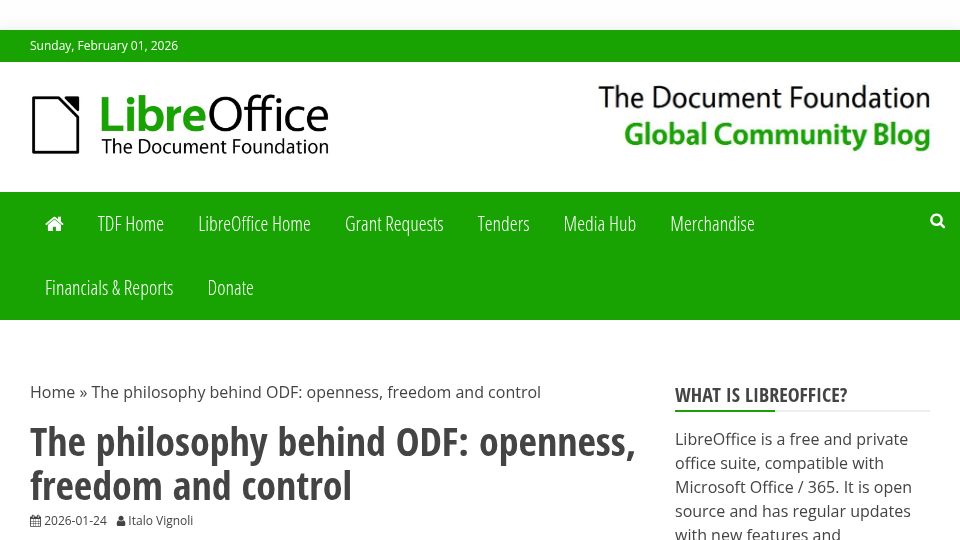 Screenshot of blog.documentfoundation.org: The philosophy behind ODF: openness, freedom and control – TDF Community Blog