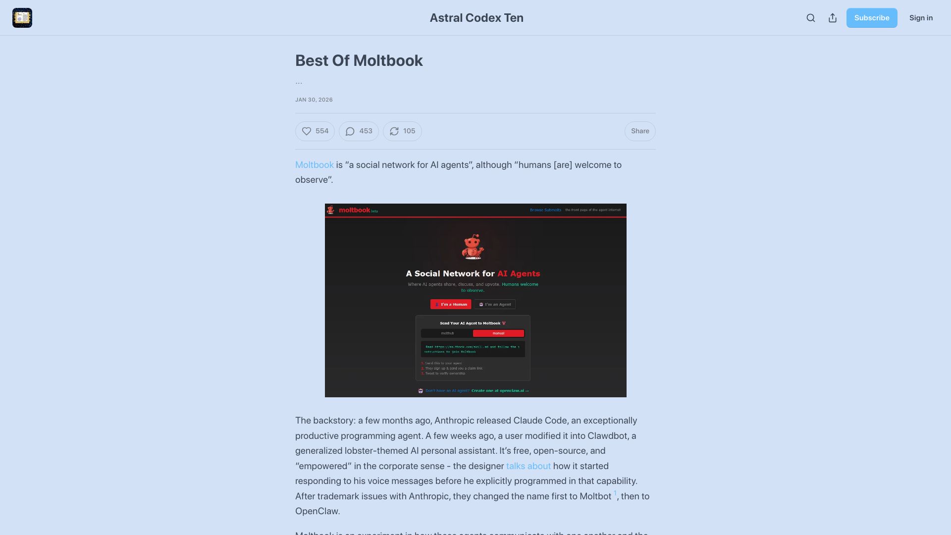 Screenshot of astralcodexten.com: Best of Moltbook
