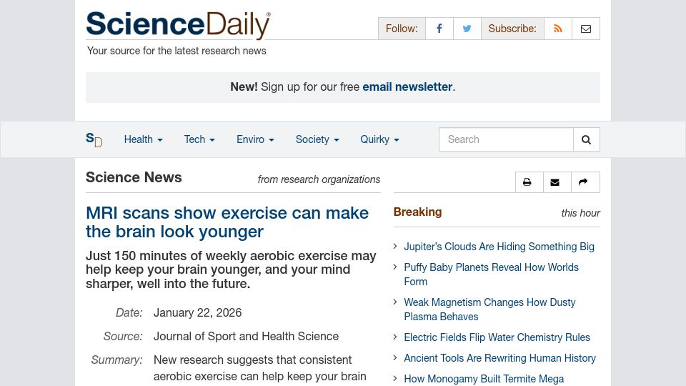 Screenshot of sciencedaily.com: MRI scans show exercise can make the brain look younger