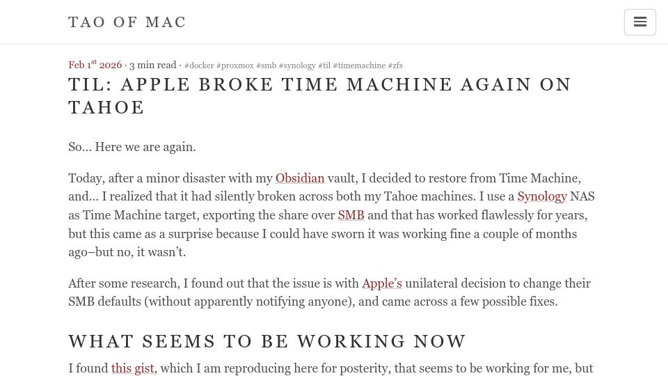 Screenshot of taoofmac.com: TIL: Apple Broke Time Machine Again on Tahoe