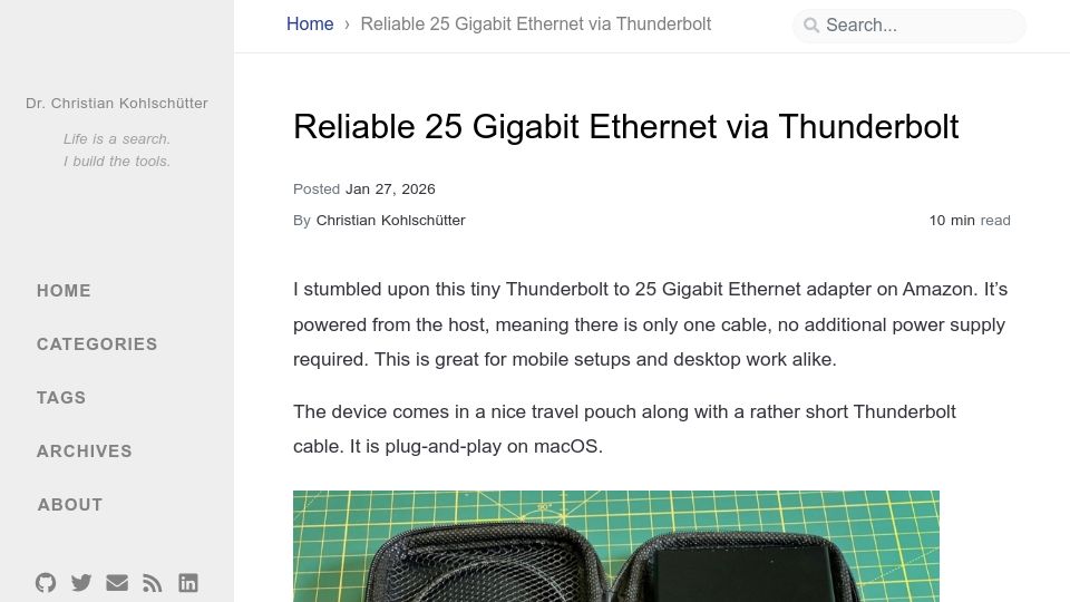 Screenshot of kohlschuetter.github.io: Reliable 25 Gigabit Ethernet via Thunderbolt