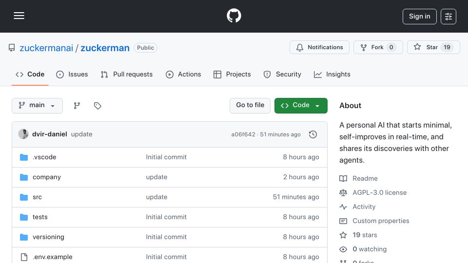 Screenshot of github.com: Show HN: Zuckerman – minimalist personal AI agent that self-edits its own code