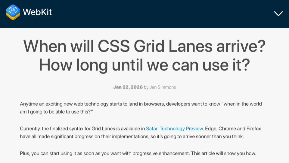 Screenshot of webkit.org: When will CSS Grid Lanes arrive?