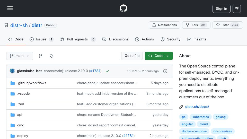 Screenshot of github.com: Show HN: Distr 2.0 – A year of learning how to ship to customer environments