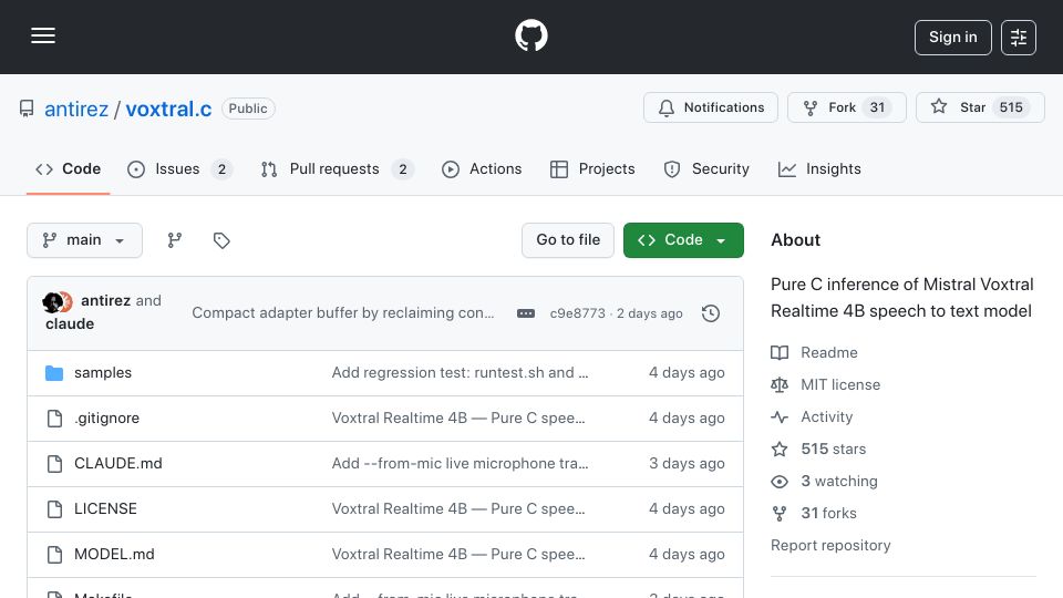 Screenshot of github.com: Pure C, CPU-only inference with Mistral Voxtral Realtime 4B speech to text model