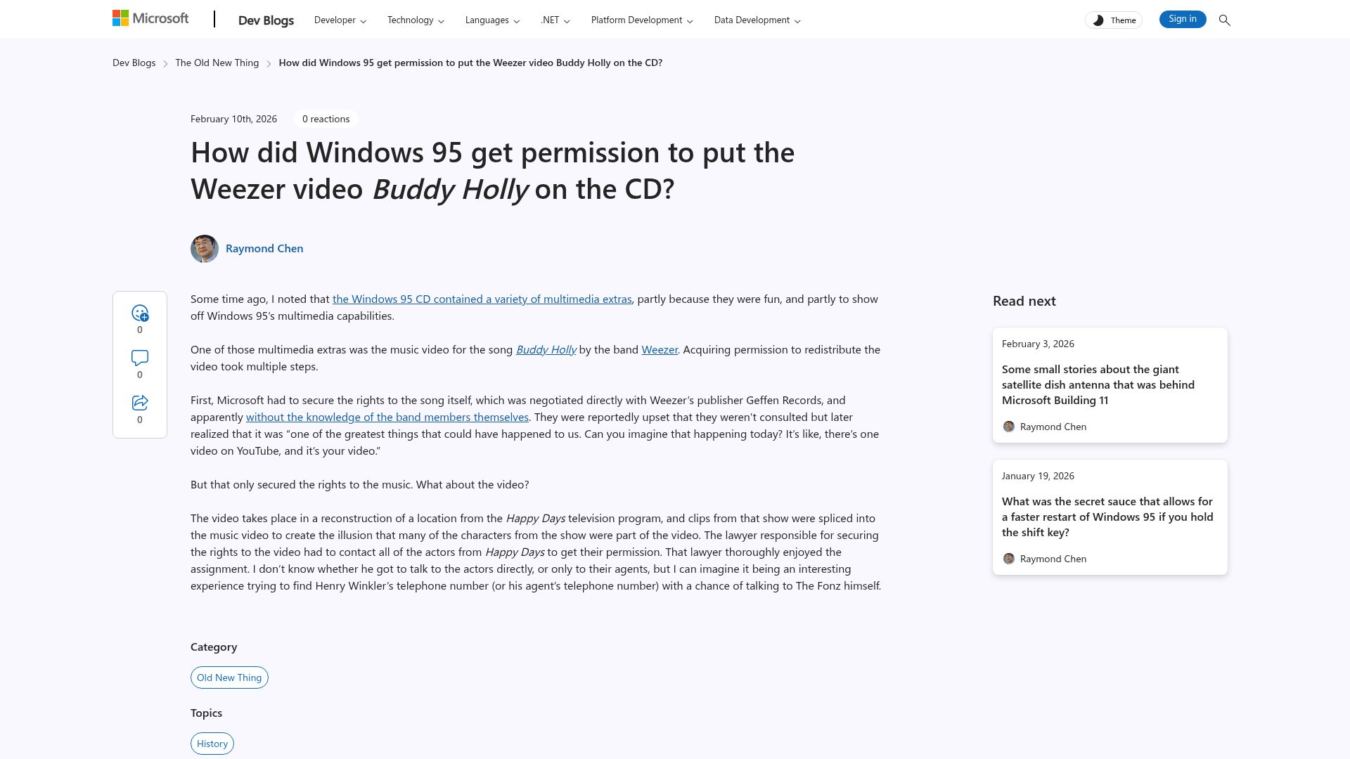 Screenshot of devblogs.microsoft.com: How did Windows 95 get permission to put Weezer video 'Buddy Holly' on the CD?