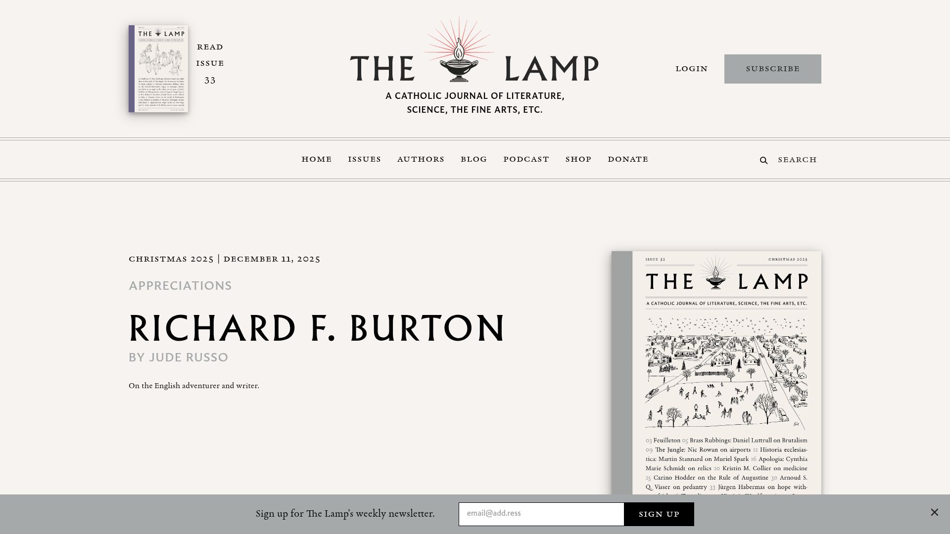 Screenshot of thelampmagazine.com: Richard F. Burton: On the English adventurer and writer