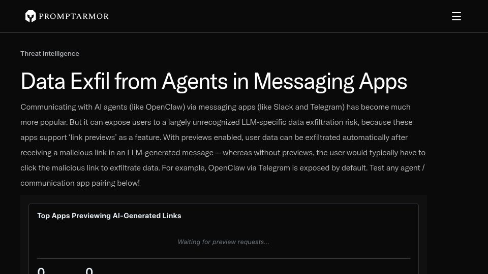 Screenshot of promptarmor.com: Data exfil from agents in messaging apps