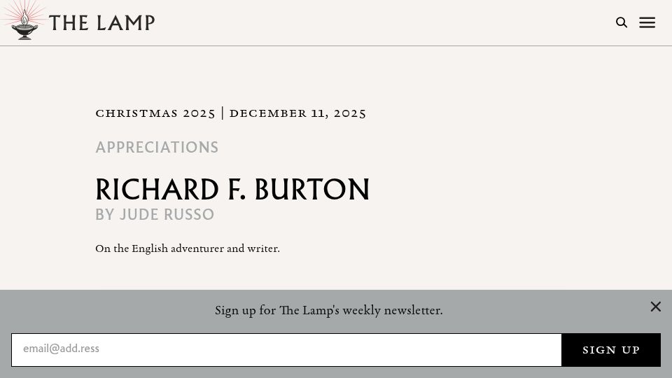 Screenshot of thelampmagazine.com: Richard F. Burton: On the English adventurer and writer