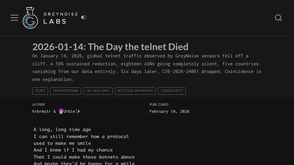 Screenshot of labs.greynoise.io: The Day the Telnet Died