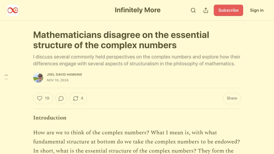 Screenshot of infinitelymore.xyz: Mathematicians disagree on the essential structure of the complex numbers (2024)