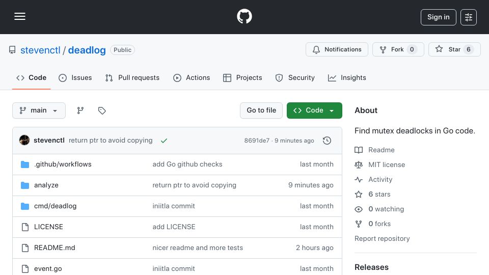 Screenshot of github.com: Show HN: Deadlog – almost drop-in mutex for debugging Go deadlocks