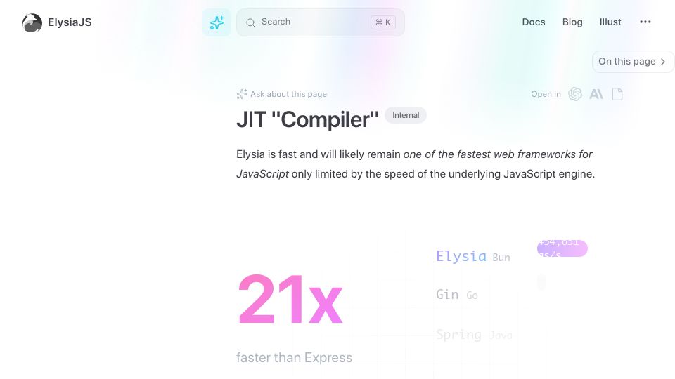 Screenshot of elysiajs.com: Show HN: Elysia JIT "Compiler", why it's one of the fastest JavaScript framework