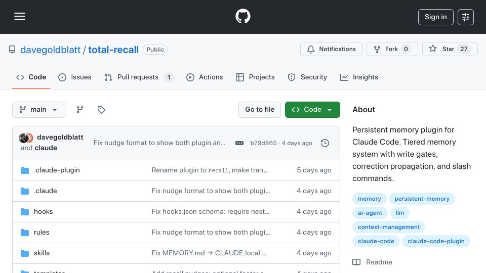 Screenshot of github.com: Show HN: Total Recall – write-gated memory for Claude Code
