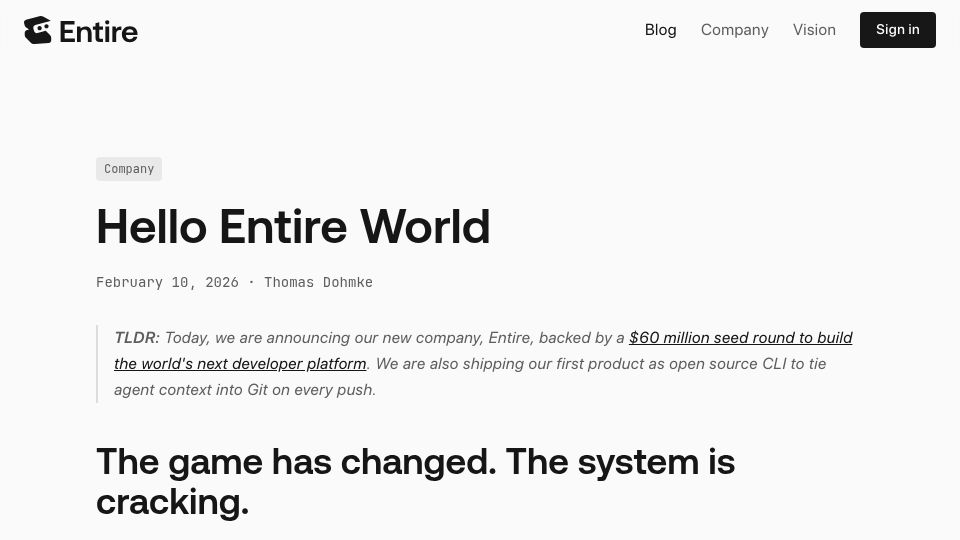 Screenshot of entire.io: Ex-GitHub CEO launches a new developer platform for AI agents