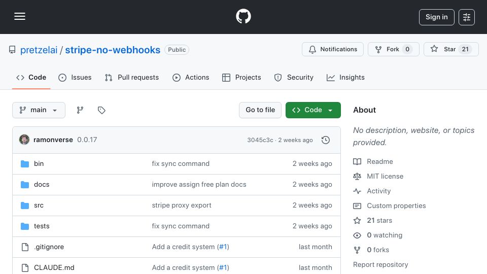 Screenshot of github.com: Show HN: Stripe-no-webhooks – Sync your Stripe data to your Postgres DB