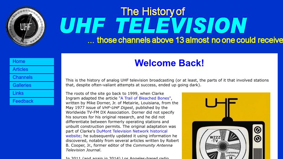 Screenshot of uhfhistory.com: History of UHF Television: TV Above Channel 13 (2024)