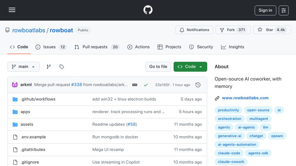 Screenshot of github.com: Show HN: Rowboat – AI coworker that turns your work into a knowledge graph (OSS)