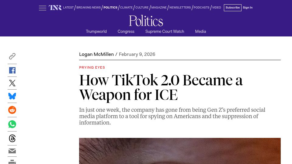 Screenshot of newrepublic.com: How TikTok 2.0 Became a Weapon for ICE