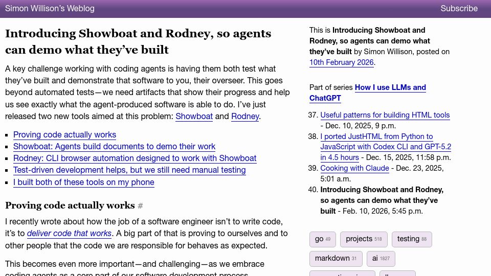 Screenshot of simonwillison.net: Show HN: Showboat and Rodney, so agents can demo what they've built