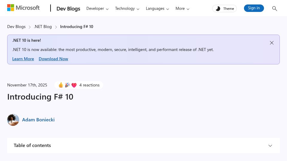 Screenshot of devblogs.microsoft.com: F# 10