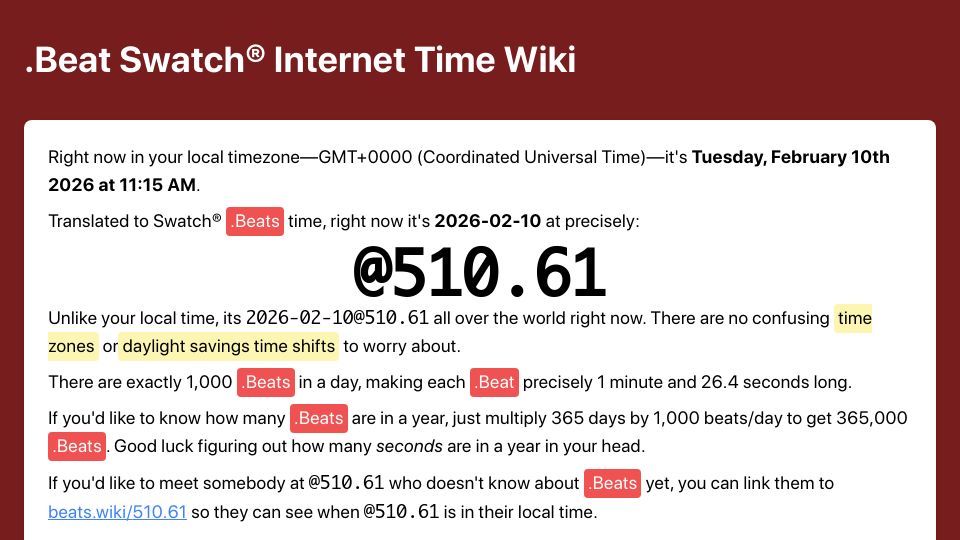 Screenshot of beats.wiki: .Beat Swatch Internet Time
