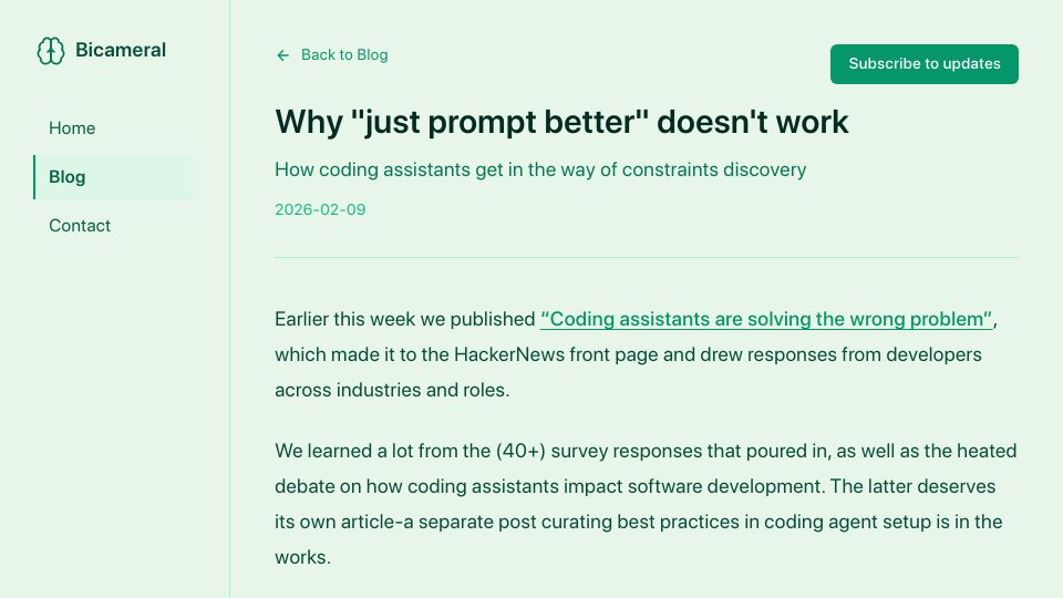 Screenshot of bicameral-ai.com: Why "just prompt better" doesn't work