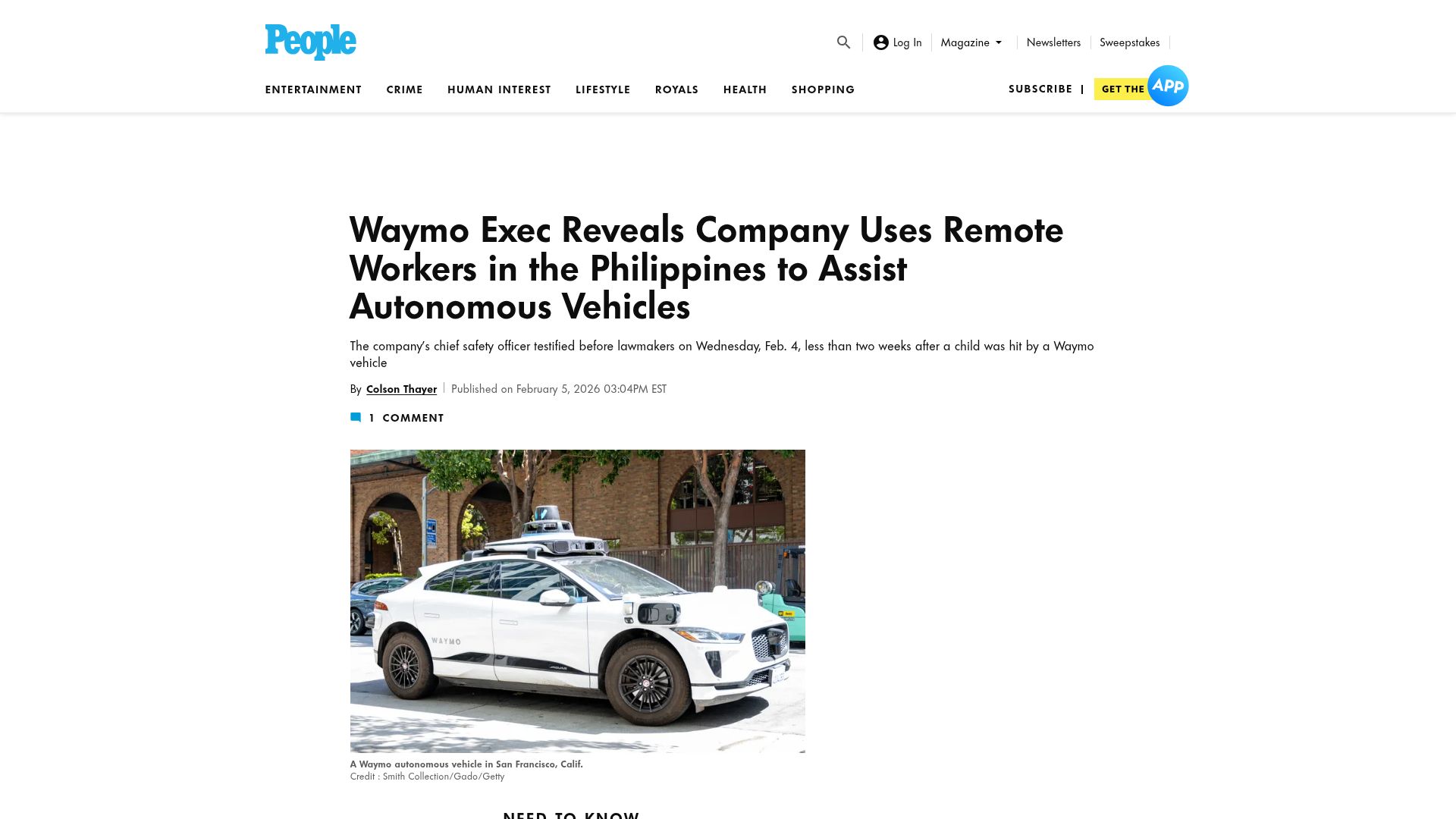 Screenshot of people.com: Waymo exec reveals company uses remote workers in the Philippines