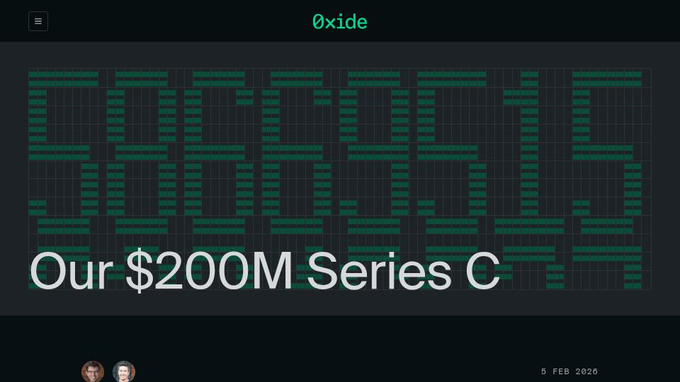 Screenshot of oxide.computer: Oxide raises $200M Series C