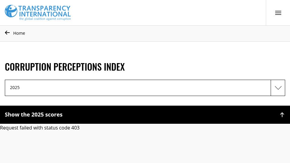 Screenshot of transparency.org: Corruption Perceptions Index 2025