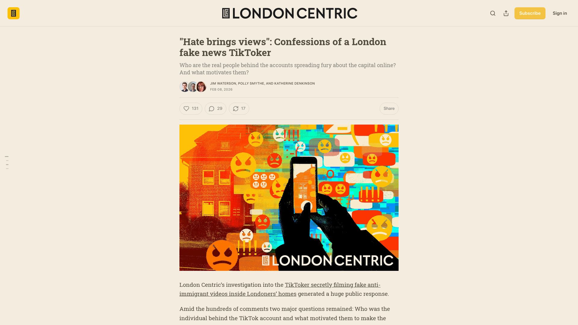 Screenshot of londoncentric.media: "Hate brings views": Confessions of a London fake news TikToker