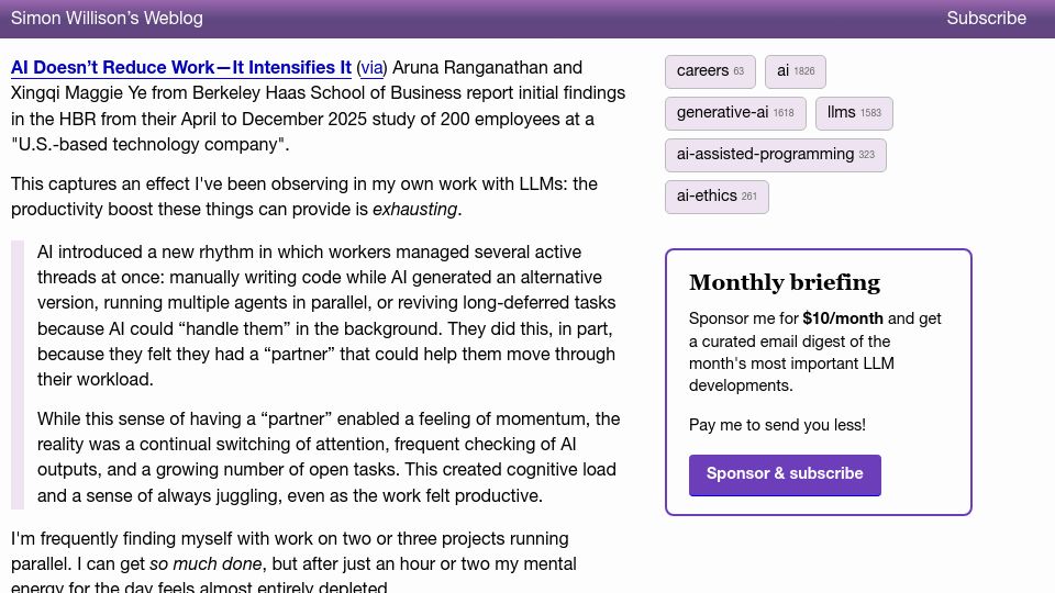 Screenshot of simonwillison.net: AI doesn’t reduce work, it intensifies it