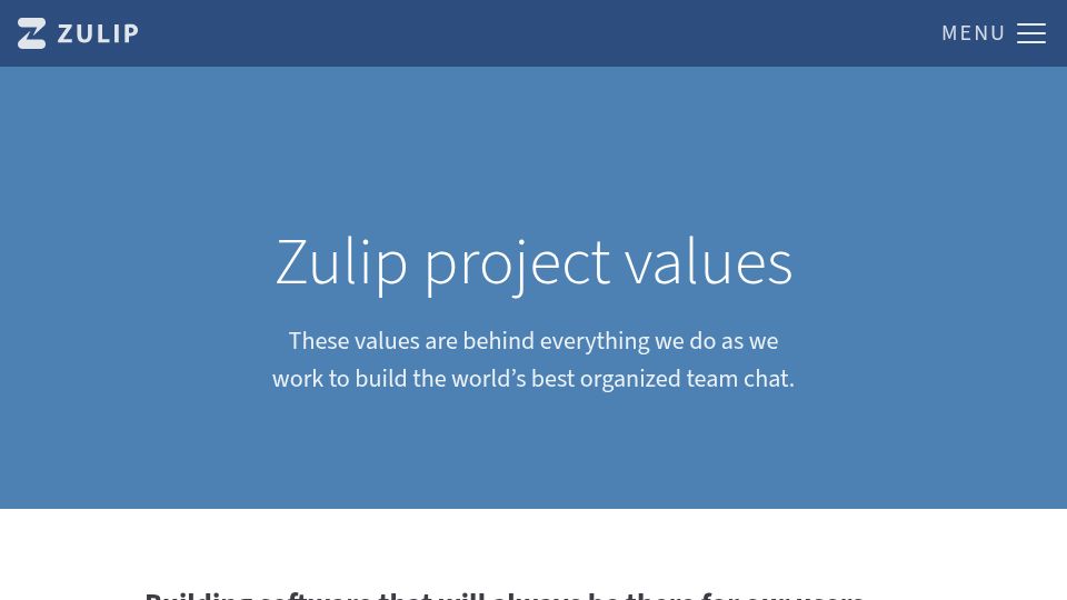 Screenshot of zulip.com: Zulip.com Values