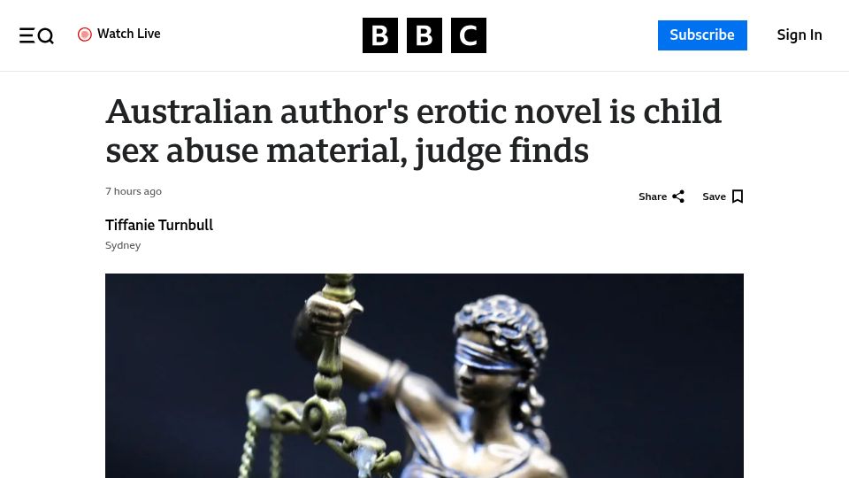 Screenshot of bbc.com: Australian author's erotic novel is child sex abuse material, judge finds