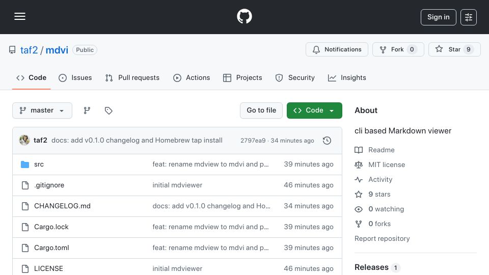Screenshot of github.com: Markdown CLI viewer with VI keybindings