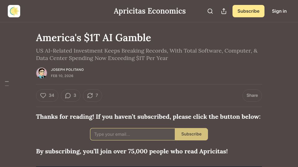Screenshot of apricitas.io: America's $1T AI Gamble