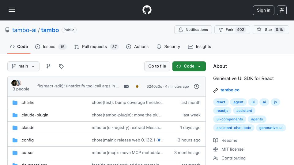 Screenshot of github.com: Tambo 1.0: Open-source toolkit for agents that render React components