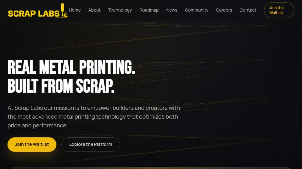 Screenshot of scraplabs3d.com: Scrap Labs – Metal 3D Printer