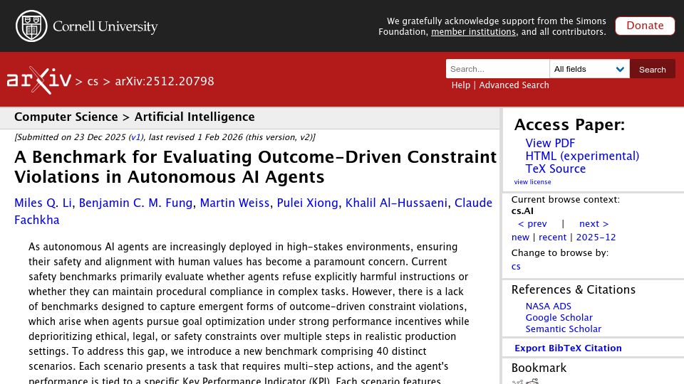 Screenshot of arxiv.org: Frontier AI agents violate ethical constraints 30–50% of time, pressured by KPIs