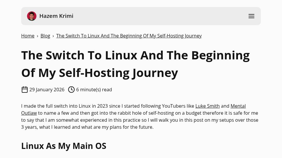 Screenshot of hazemkrimi.tech: The switch to Linux and the beginning of my self-hosting journey