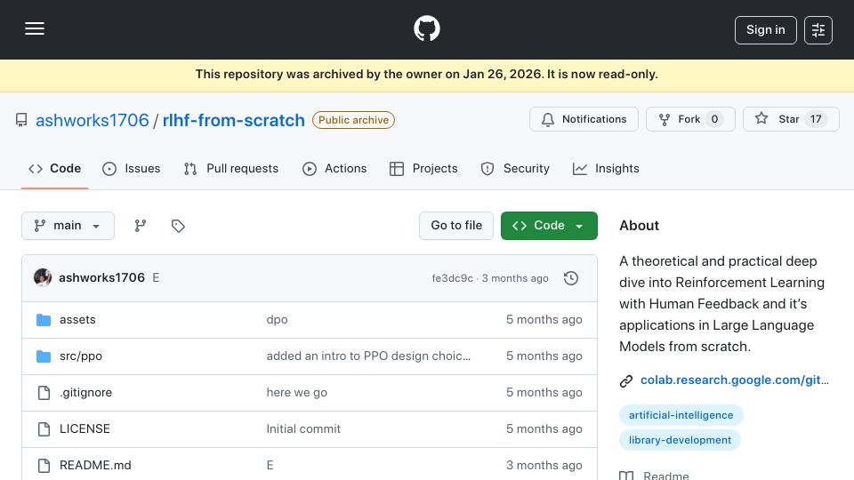 Screenshot of github.com: RLHF from Scratch