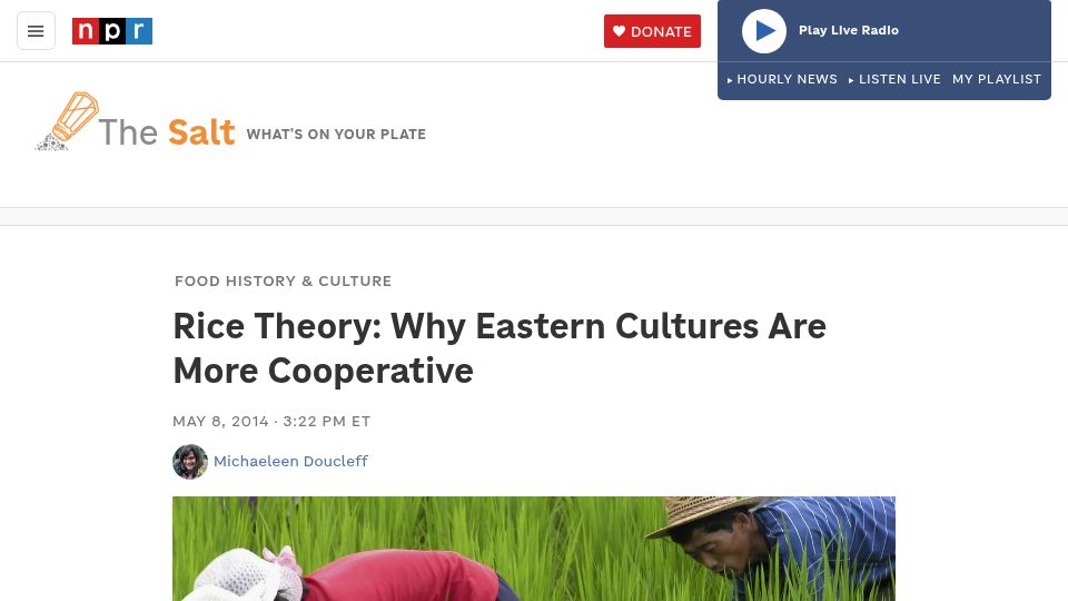 Screenshot of npr.org: Rice Theory: Why Eastern Cultures Are More Cooperative