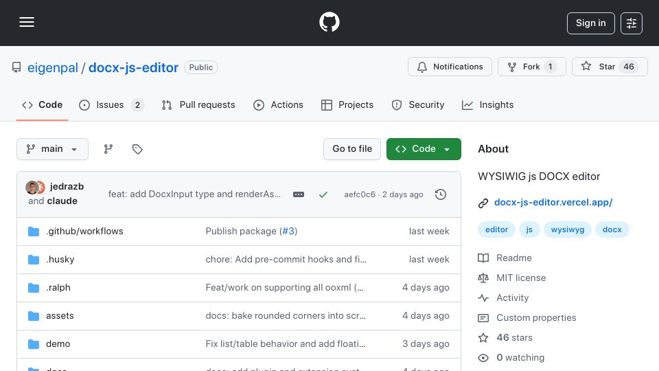 Screenshot of github.com: Show HN: JavaScript-first, open-source WYSIWYG DOCX editor