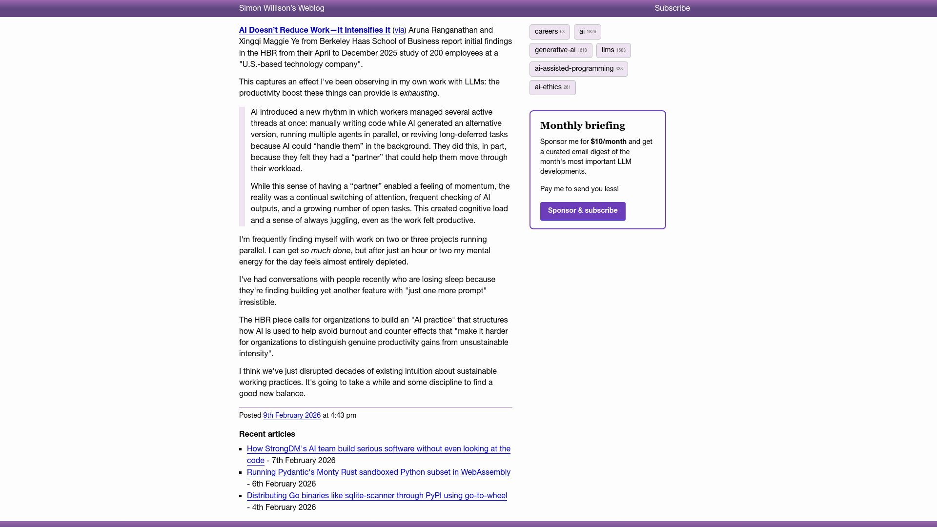 Screenshot of simonwillison.net: AI doesn’t reduce work, it intensifies it