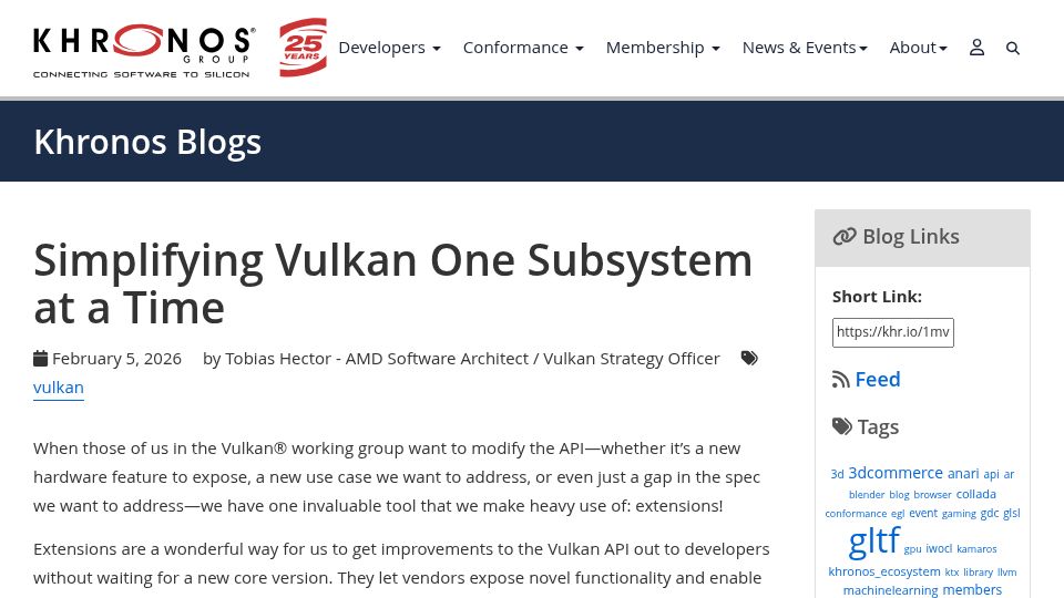 Screenshot of khronos.org: Simplifying Vulkan one subsystem at a time