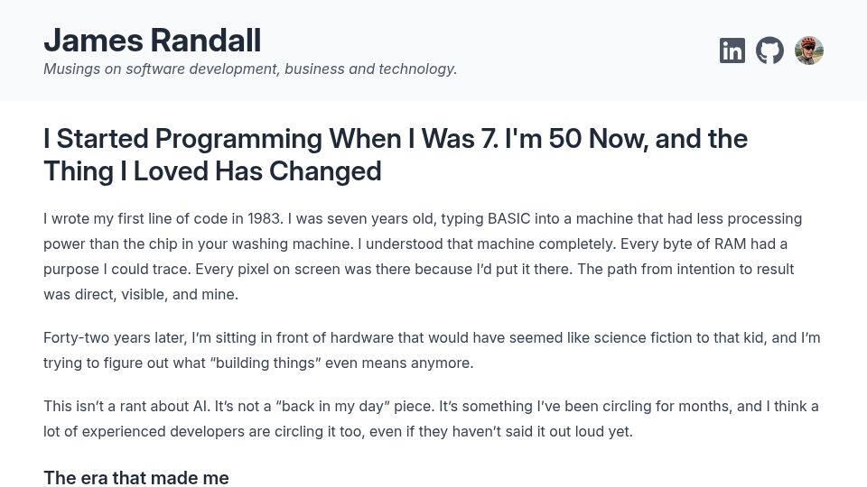Screenshot of jamesdrandall.com: I started programming when I was 7. I'm 50 now and the thing I loved has changed