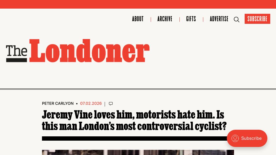 Screenshot of the-londoner.co.uk: London's Most Controversial Cyclist
